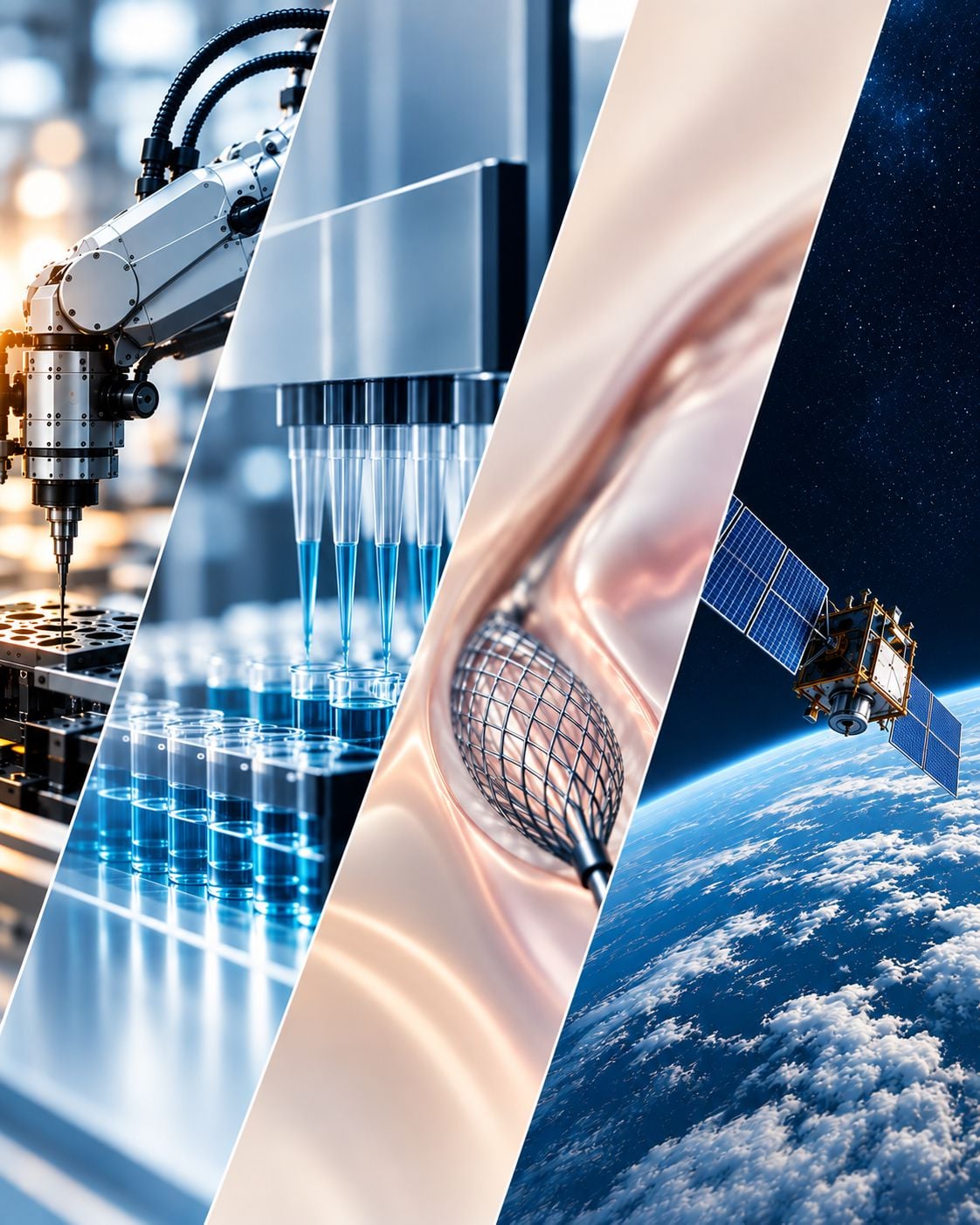Collage of four industry scenes: robotic machining, automated pipetting, a medical implant and a satellite above Earth